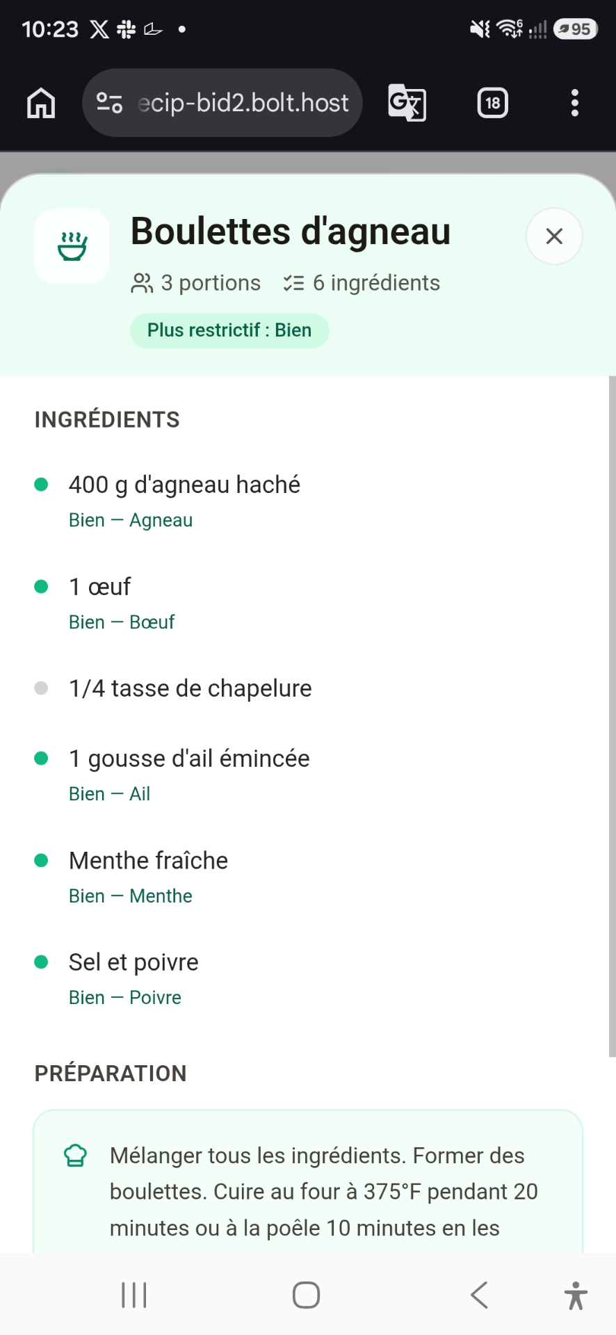 Détail d’une recette avec tolérance par ingrédient