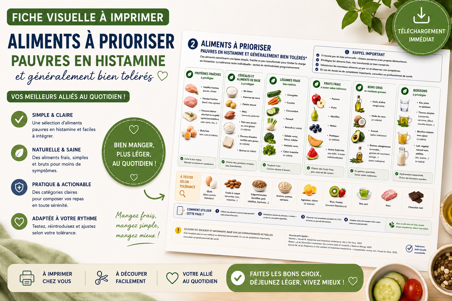 Fiche visuelle aliments pauvres en histamine à privilégier